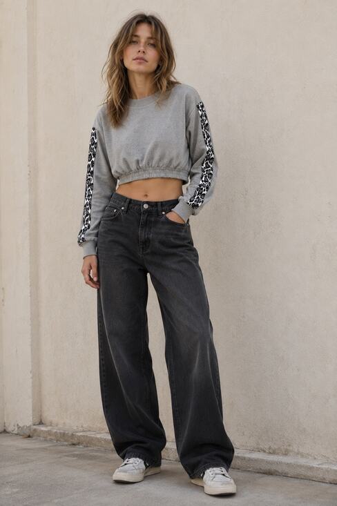 Kittenish Tops - Kittenish Cropped Sweatshirt S Gray Leopard Stripe Sleeve Jessie James Decker